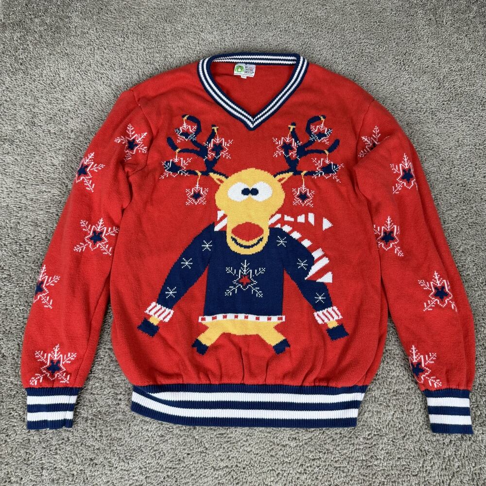 My Ugly Christmas Sweater Mens 2XL Red V Neck Reindeer Holiday Knit Pullover